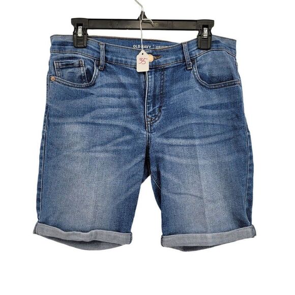 Old Navy Shorts Denim Jean Mid Rise Whiskered Cuffed Bermuda Light Wash Blue 8 - Picture 1 of 5